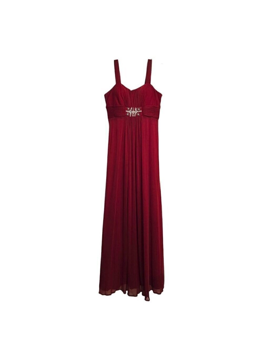 Dancing Queen Red Chiffon Ruched Rhinestone Maxi Formal Gown Sz L